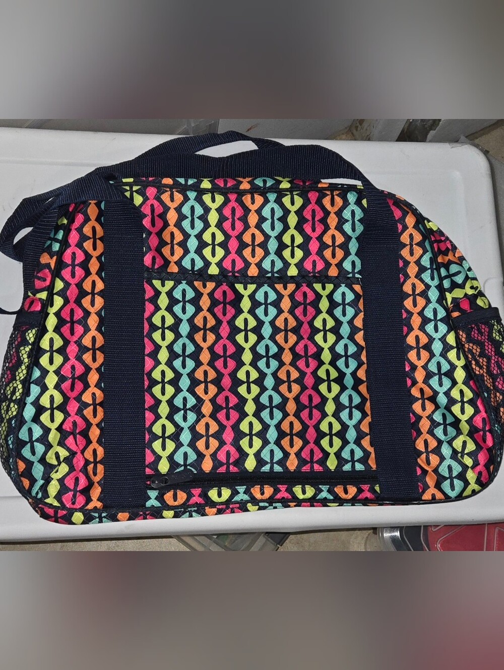 thirty-one Quilted Tote with Navy and Multi-Color Geometric Print